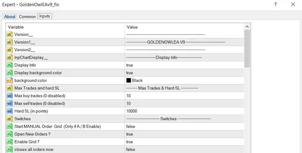 Golden Owl EA MT4 setting